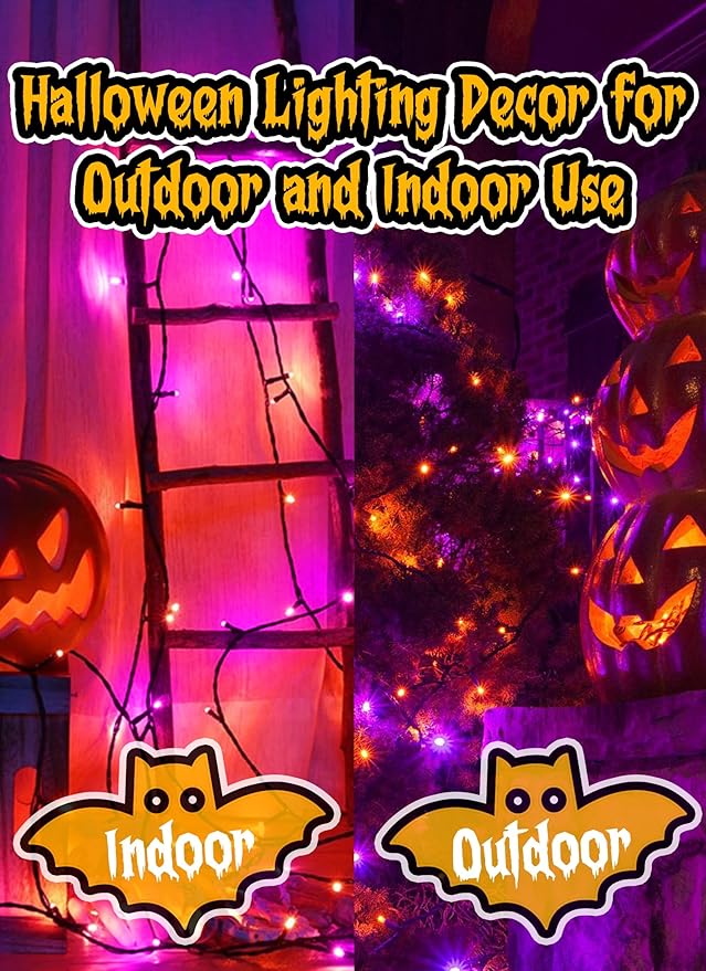 Halloween Orange Purple Outdoor Lights，17.8 Feet 50 LED Christmas Lights with 8 Modes，Waterproof Mini String Lights Battery Operated for Outdoor Indoor Use, Xmas Halloween Tree Holiday Party Patio