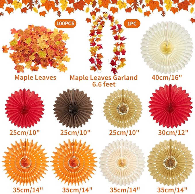 Fall Party Decorations, 9 Pcs Fall Paper Fans, 100 Pcs Artificial Maple Leaves and Fall Leaves Garland, Orange, Red, Ivory Colors for Thanksgiving, Harvest, Fall Wedding, Home Decor