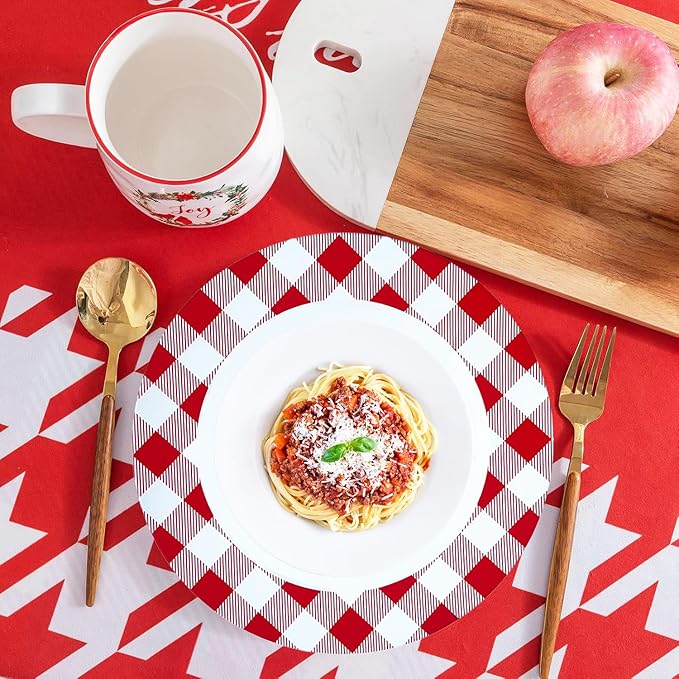 Henilosson Round 13 inch Charger plate - red and white Checkered Design Plate Charger - Christmas and New Year Placemat (6, red+white)