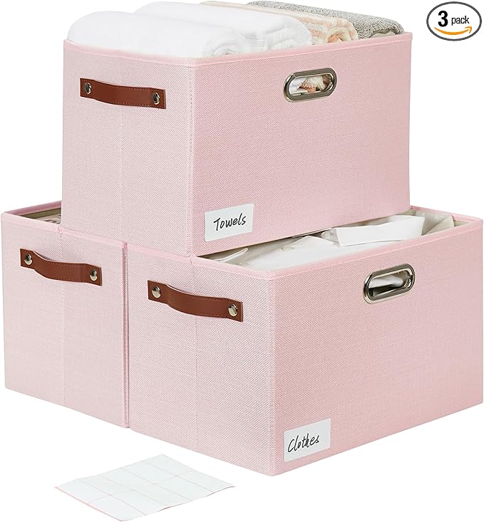 Large 3-Pack Foldable Fabric Storage Bins with Durable PU & Metal Handles, Collapsible Storage Baskets for Shelves, Home Storage, Closet Organizers, Living Room(14.9"x9.8"x9.8", Pink)
