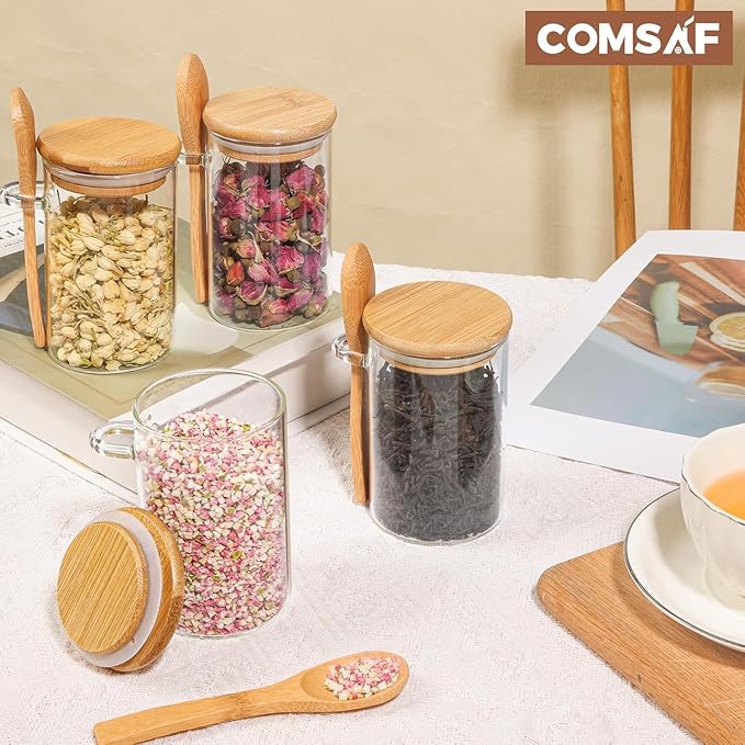ComSaf Spice Jars with Spoon 8 oz 6Pack, Small Spice Containers Starter Set, Glass Seasoning Jars with Labels, Round Seasoning Containers for Salt, Pepper, Chili Powder, Sugar, Loose Tea Storage