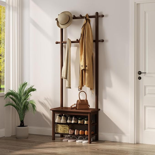 Hall Tree, Coat Rack with Shoe Storage, Wooden Hall Tree with Bench, 11 Hooks and 2-Tier Storage Shelves, Entryway Bench with Coat Rack (23.6" - Deep Walnut)