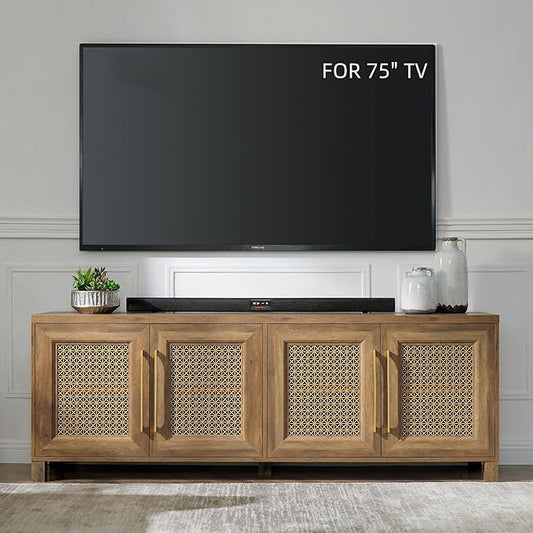 JYED Mid Century Modern TV Stand for TVs up to 75 Inch, with Hollow Metal Mesh Decorated，Boho TV Console with Storage Cabinet,Cable Holes, TV Stand for Living Room, 69.5"x15.6"x24.8", Rustic