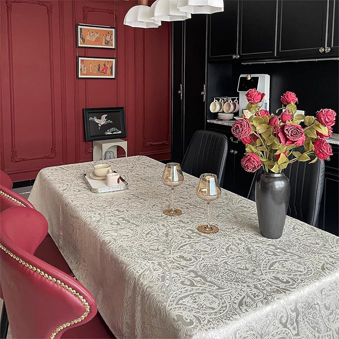 70"x140" Jacquard Fabric Tablecloth, Waterproof Table Cloth Rectangle Tables, Heavy Weight Large Dining Table Cover for Dining Room, Wedding, Parties - Milky White