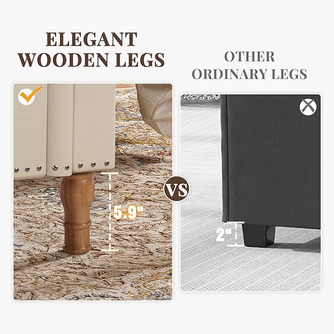 Storage Ottoman Bench for Bedroom, 51" Upholstered Bench with Rolled Arms and Vintage Rivets for Living Room, Full & Queen Leather Storage Bench with Button for Entryway, Beige+Nature Legs