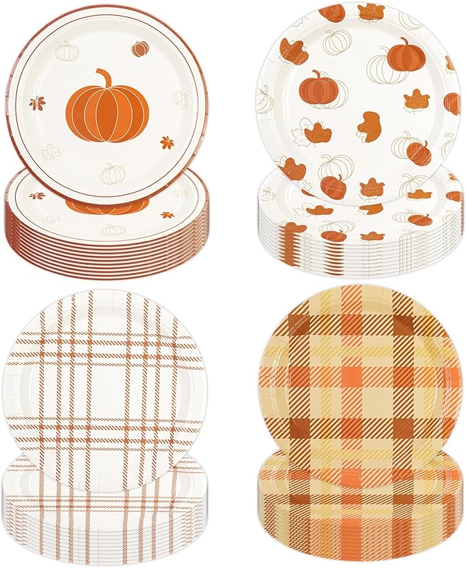 48Pcs Fall 7inch Paper Plates - Pumpkin Maple Leaf Dessert Plates for Cake Salad Fruit Disposable Autumn Party Supplies for Fall Thanksgiving Harvest Picnic Decoration, 4 Styles