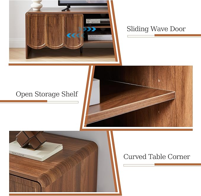 ORRD 63'' TV Stand, Modern TV Console Table Wave Panel Television Stands Entertainment Media Center with Storage Compartment and Sliding Door for Living Room (Walnut)
