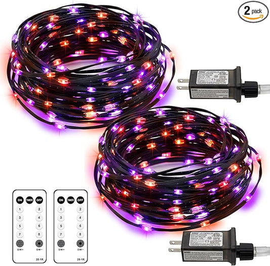 2 Pack Halloween Fairy Lights Plug in, 33Ft 100 LED Micro Starry String Lights with Remote Timer 8 Modes, IP68 Full Waterproof Twinkle Lights for Indoor Halloween Decor (Orange Purple)