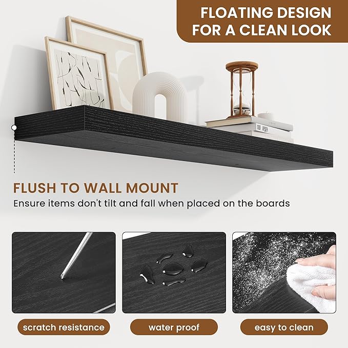 fuqing Floating Shelves for Wall, Bathroom Shelf Wall Mounted for Storage, Shelves with Invisible Bracket for Bedroom, Kitchen, Living Room, Farmhouse Small Book Shelf, 36 Inch Set of 2, Black