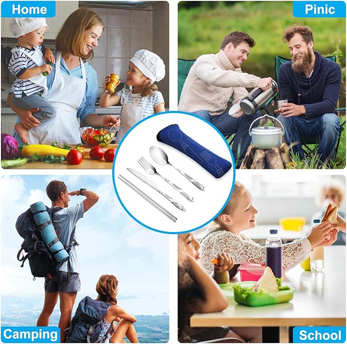 20PCS Premium Travel Utensils With Case, Stainless Steel Reusable Portable Utensils Set With Case, Lengnoyp Travel Silverware Set With Case for Lunch Box Camping, Silver