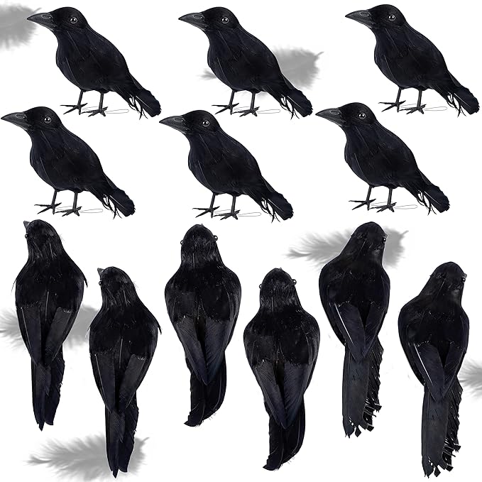ATDAWN 12 Pack Halloween Black Feathered Crows, Realistic Looking Halloween Birds Decoration