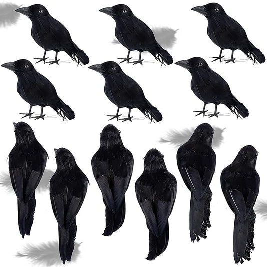 ATDAWN 12 Pack Halloween Black Feathered Crows, Realistic Looking Halloween Birds Decoration