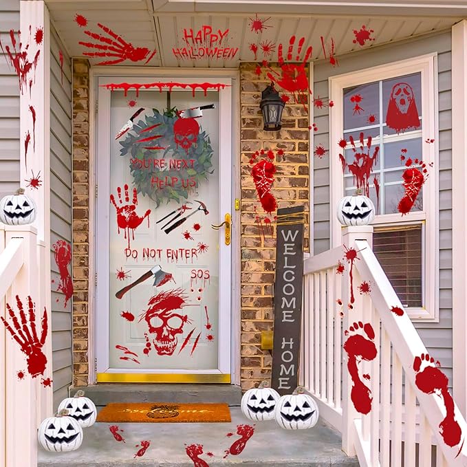 Halloween Decorations 165 PCS, 8 Sheets Bloody Handprint Footprint Halloween Wall Decal Floor Window Stickers,10 Sheets Wound Tattoo Stickers, Scary Party Decorations Window Stickers