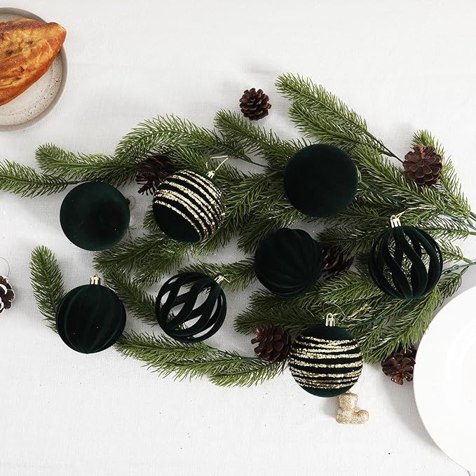 Christmas Ornaments Set of 12, 3.15" Flocked Velvet Balls with Hand Painted Designs,Emerald Green Elegant Christmas Tree Decorations in Gift Box