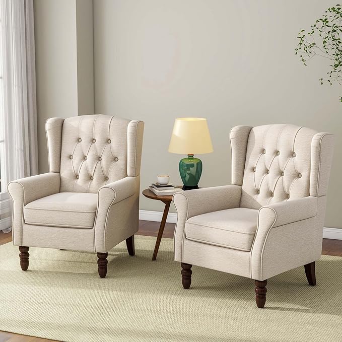 Accent Chair, Upholstered Armchair with Button Tufted High Back & Solid Wood Legs, Comfy Wingback Reading Single Sofa Chair for Small Spaces, Living Room, Bedroom (Beige, Set of 1)