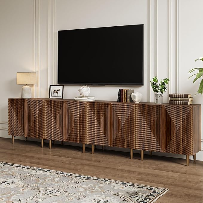 Set of 2 Fluted TV Stands with Storage, 65 Inch Accent Sideboard Large Console Table with Adjustable Shelves, Mid Century Modern TV Cabinets for Living Room, Dining Room, Walnut