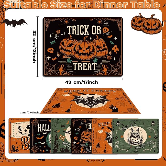 Halloween Placemats Set of 6 Gothic Bat Plastic Table Mats Pumpkin Witch Skull Ghost Halloween Place Mats Washable Vinyl Rustic Table Decoration for Indoor Outdoor Party Kitchen Dining