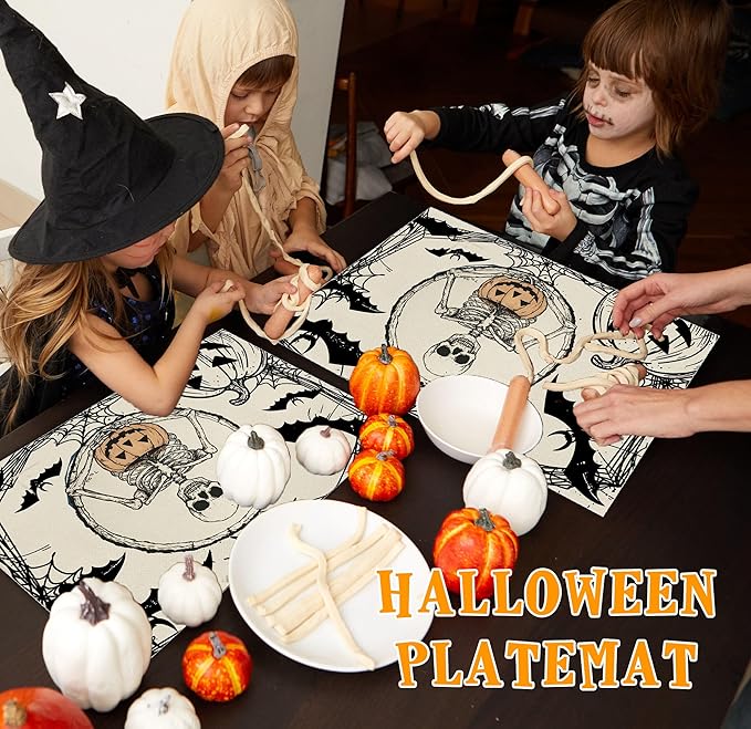 Halloween Skeleton Placemats Set of 4, 12x18 Inch Pumpkin Bats Table Mats, Washable Heat Resistant Place Mats for Kitchen Dining Table, Spooky Themed Decoration for Home-B11