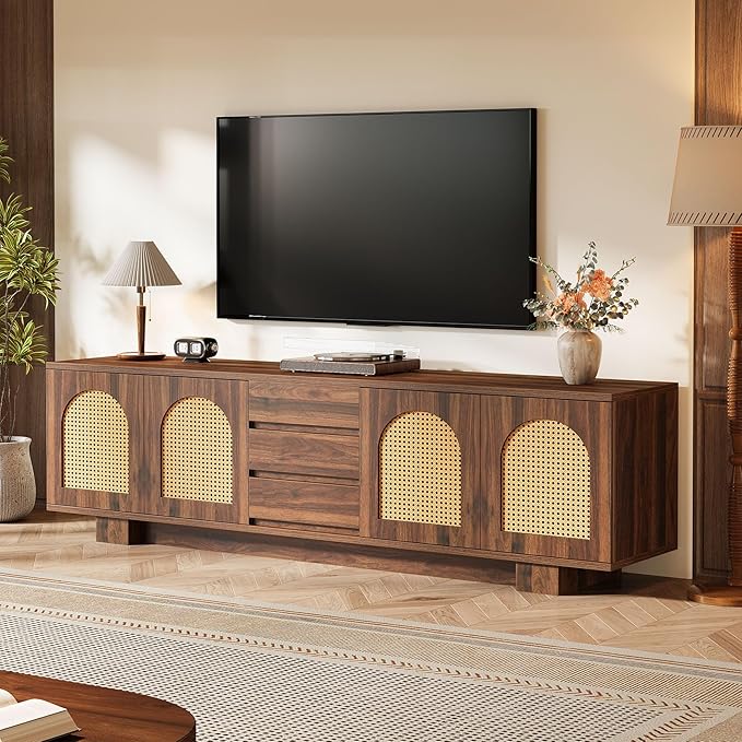Tribesigns 70.9" TV Stand for TVs up to 80 Inches, Mid-Century Modern Entertainment Center with Storage and Drawers, Rattan Media Console TV Cabinet for Living Room, Bedroom, Walnut
