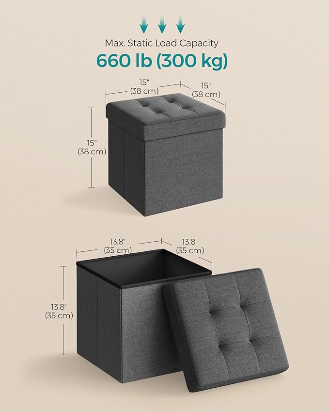 SONGMICS Folding Storage Ottoman Bench，38 x 38 x 38 cm， Ottoman Foot Rest, End of Bed Bench, Storage Chest, Load 300 kg, for Living Room, Bedroom, Entryway, Dorm, Dark Gray ULSF27Z