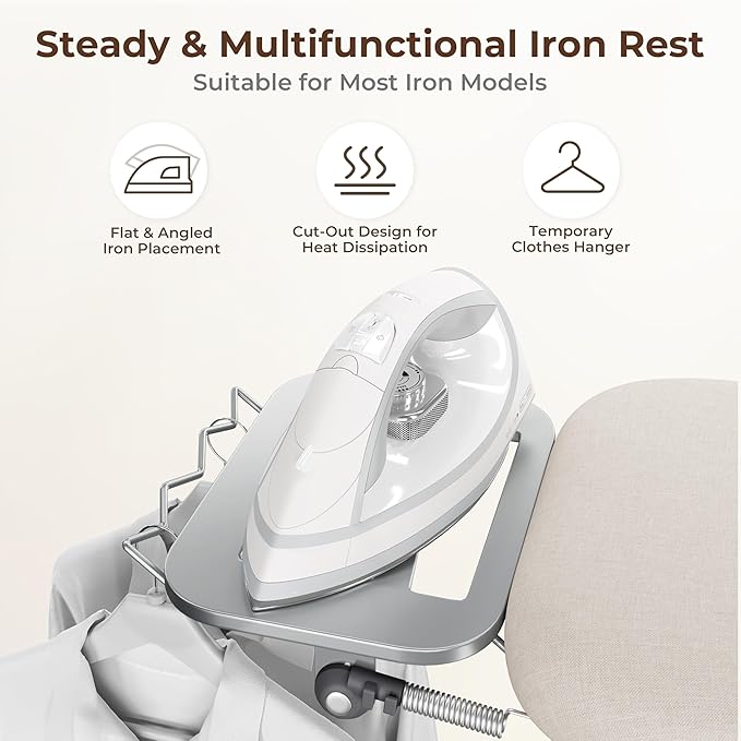 Yaheetech Ironing Board, Compact Iron Board with Cord Holder, Steam Iron Rest and Bottom Storage Tray, 9 Adjustable Heights & 3 Layer Cover, Folding Heavy Duty Ironing Board 52X14, Beige