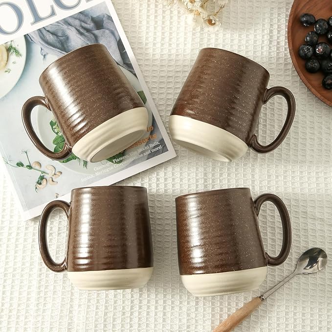 Hasense Porcelain Coffee Mugs Set of 4-15 Ounce Large Ceramic Coffee Cups Set with Handle for Latte, Tea, Cocoa and Hot Chocolate, Brown Coffee Mugs for Men and Women, Microwave Safe