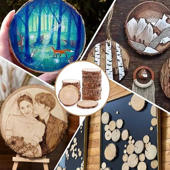 30 Pack Nature Wood Slices for Crafts,3.5-4In Unfinished Natural Wood Rounds.Wood Circles Predrilled with Hole and 20m Rope for Wooden Craft Supplies,Painting,Christmas Ornaments,DIY Gifts