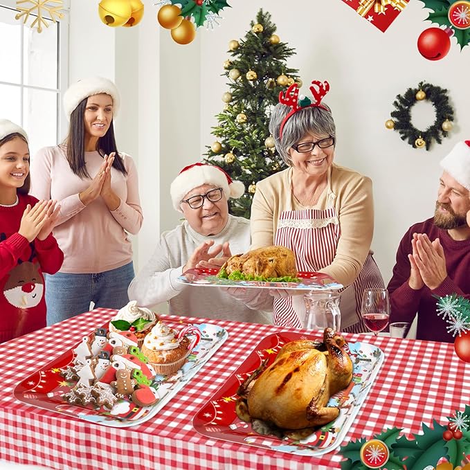 gisgfim 2PCS Christmas Serving Tray with Handles 16 X 11 Inch Large Melamine Platter Serving Dishes Rectangular Xmas Tree Santa Snowman Gingerbread House Food Tray for Snack Cookie Candy Dessert Plate