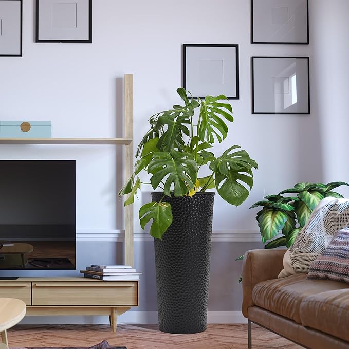 Worth Garden 2-Pack 25" H. Metal Planter with 2X Inside Pots - Hand-Hammered Texture Tall Tapered Plant Pots - Large Handcrafted Flower Pot for Indoor Outdoor, Deck, Patio, Front Porch (Black)