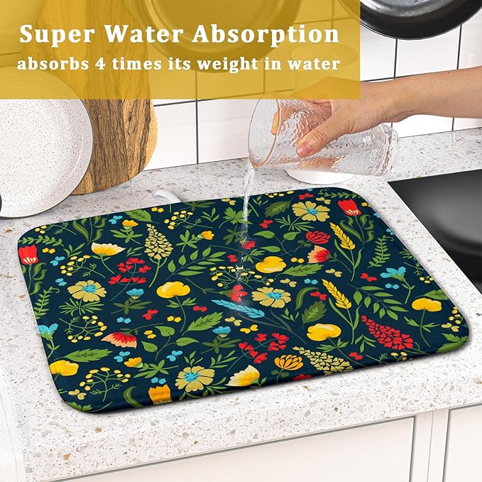 Floral Dish Drying Mat for Kitchen Counter Cute FLowers Seasonal Absorbent Reversible Microfiber Kitchen Countertop Protector Dishes Pad Small 16x18 inch