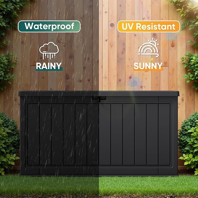 JUMMICO 160 Gallon Resin Outdoor Storage Deck Box with Divider, Waterproof Storage Box&Bench with Lockable Lid for Garden Tools, Pools Supplies (Black)