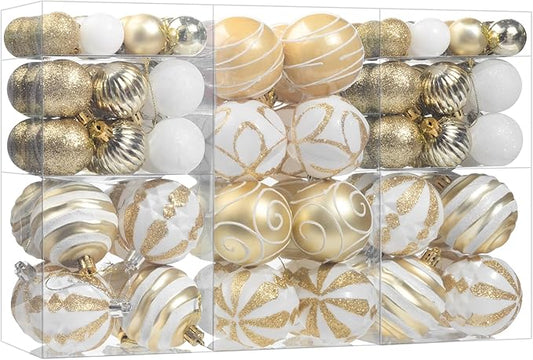 100Pcs Christmas Balls Ornaments Set, Shatterproof Christmas Decorations with Hand-held Gift Package for Xmas Tree/Holiday/Wedding/Holiday/Party Decor (Gold & White)