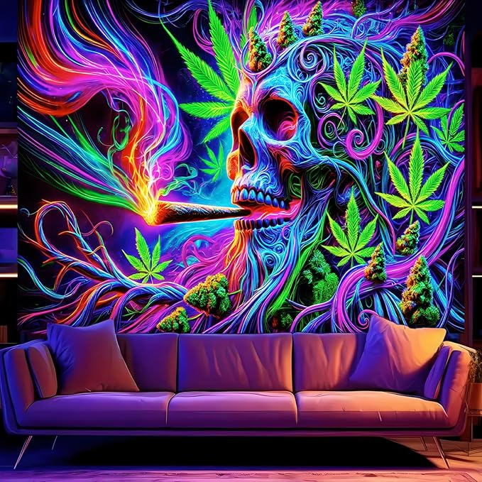 BlissYard Blacklight Cool Trippy Weed Marijuana Leaves Tapestry UV Reactive Skeleton Tapestry Smoking Skull Black Light Wall Tapestry Neon Psychedelic Tie Dye Stoner Poster Tapestry 59X78 IN
