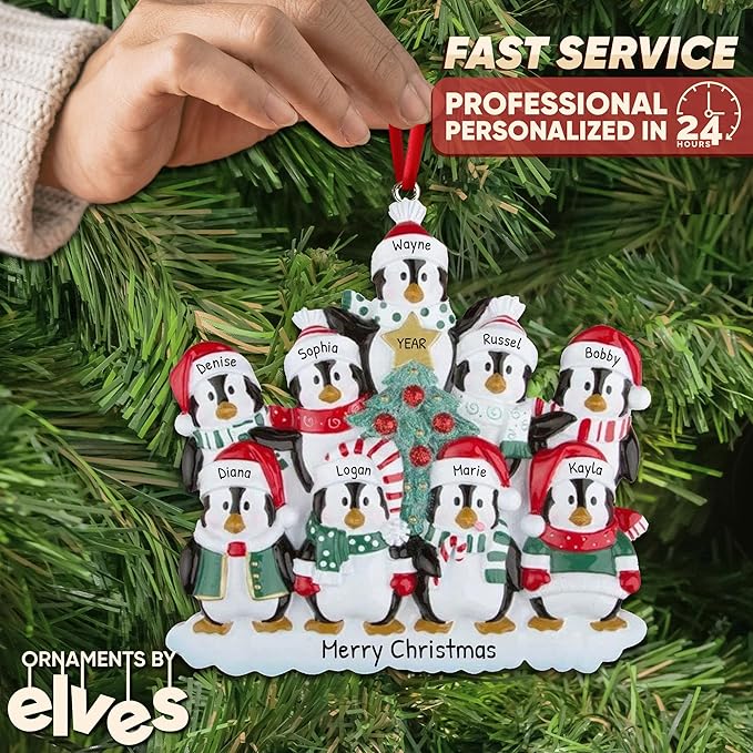 3D Penguin Family of 9 Ornament 2025 Personalized Family Christmas Ornaments 2025 | Snowy Xmas Tree Holiday Penguins Personalized Tree Ornaments for Grandchildren Siblings & Grandkids of Nine Ornament
