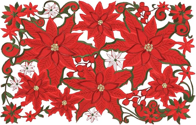 6 Pcs Embroidered Christmas Placemats - Holiday Applique Poinsettia Red Placemats - 11 x 17 Inch