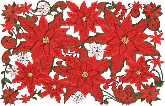 6 Pcs Embroidered Christmas Placemats - Holiday Applique Poinsettia Red Placemats - 11 x 17 Inch