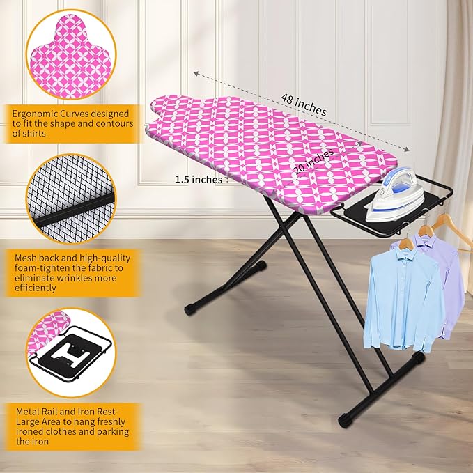 Extra Large Ironing Board with Hang Rail and Iron Rest 63" L x 20" W (Large with Iron Rest (Pink Cover))