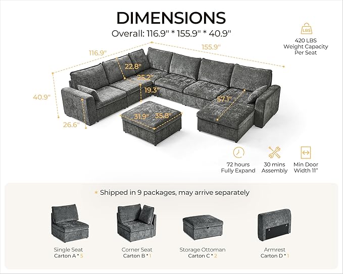 Oversized Modular Sofa Comfy Cloud Couch with Storage, Extra Deep Plush Sectional Sofa Set for Living Room, Covers Washable, Chenille, Olar (Grey, 8-Seater with Corner & 2 Ottomans, u-Shaped)