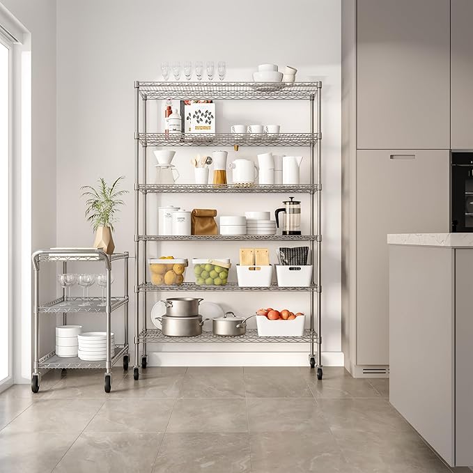 Seville Classics UltraDurable Heavy Duty NSF Solid Steel Wire Rack Storage Unit Wheels, 6-Tier Shelving, 48" W x 18" D