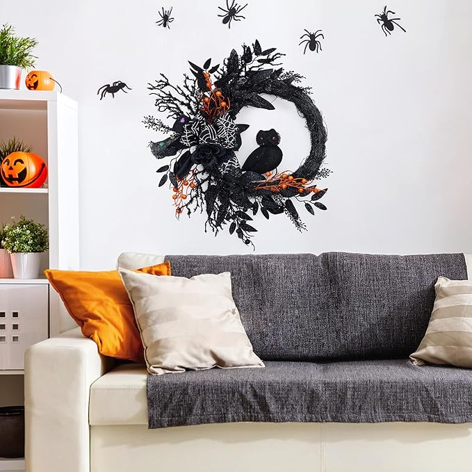 20 Inch Halloween Owl Wreath for Front Door - Gothic Garland with Natural Vines & Black Roses, Outdoor Indoor Decor for Porch, Wall, Window, Party Home Decor