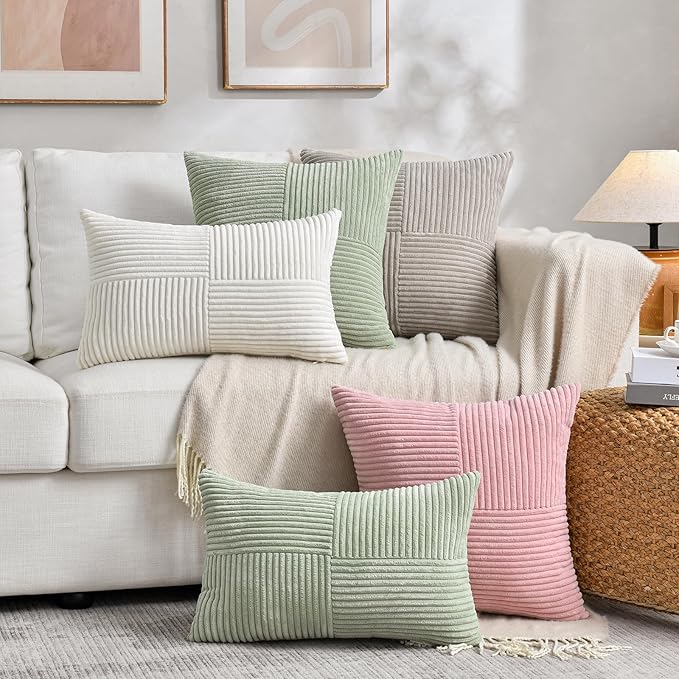 Fancy Homi 2 Packs Tan Lumbar Decorative Throw Pillow Covers 12x20 Inch for Living Room Couch Bed Sofa, Boho Home Decor, Soft Striped Corduroy Rectangle Accent Beige Cushion Case 30x50 cm