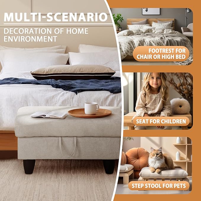 Ottoman Rectangular Storage Ottoman Bench, Flannel Footrest Stool Footstool with Lid for Living Room, Bedroom, Entryway, Khaki, 28.5"x19"x17.5"