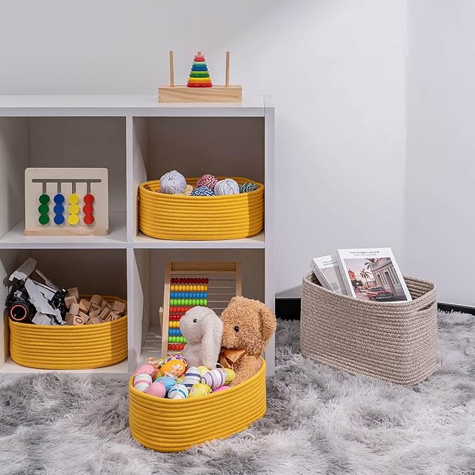 Shelf Storage Baskets for Organizing|Decorative Basket for Closet Storage|Toy Baskets&Bins|Small Woven Rope Baskets-13x8.66x5.11’’,Durable&Stylish,Oval 3 Packs Yellow