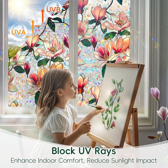 DUOFIRE Window Privacy Film Decorative Stained Glass Window Film Rainbow Magnolia Floral Static Cling Non-Adhesive Reusable Anti UV Colorful Window Decal for Home 16.92×39.37 inch