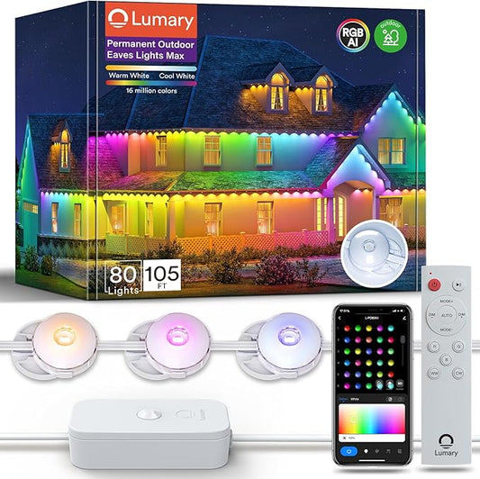 Lumary Permanent Outdoor Lights Max, 105ft with 80 LED Eave Lights 4800LM, RGBAICW Smart Outdoor Lighting IP67 Waterproof, Scene Modes for Daily and Accent Lighting, Works with Alexa/Google Assistant