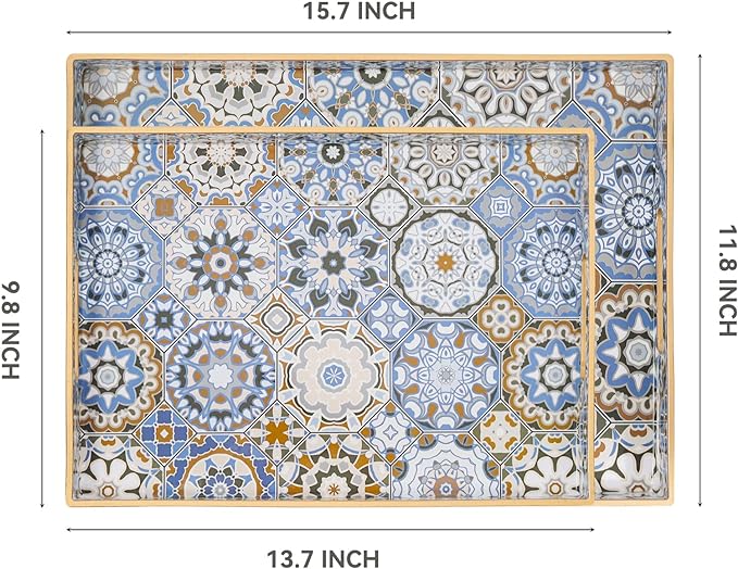 2 Pcs Serving Tray with Handles Bohemian Decorative Tray Large Ottoman Trays for Living Room Blue Coffee Table Trays for Breakfast