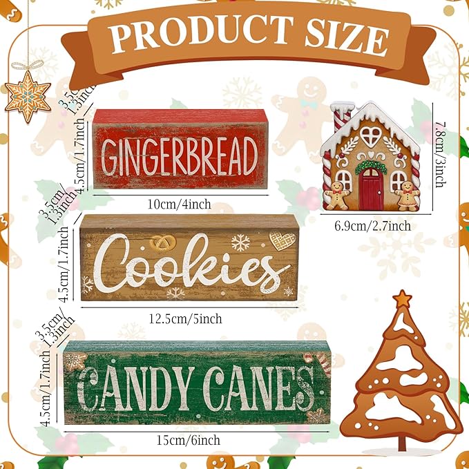 4 Pcs Christmas Table Decoration Wooden Gingerbread House Tiered Tray Decor Wood Rustic Gingerbread Block Signs Christmas Centerpiece Farmhouse for Home Tabletop Kitchen Shelf Party Gift