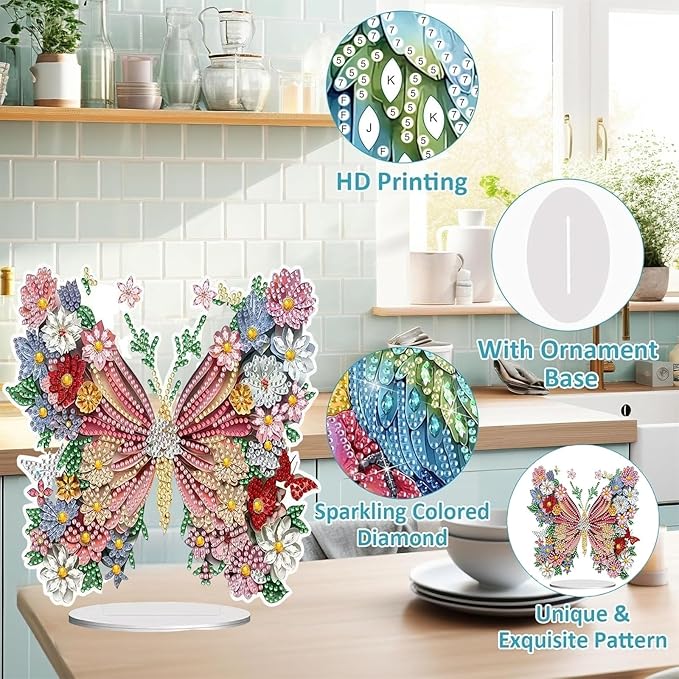Diamond Painting Kits for Adults Beginners, 5D Full Drill Flowers and Butterflies Crystal Art Desktop Ornament, DIY Single Sided Home Office Desk Decor, Creative Craft Gift Set with Tools