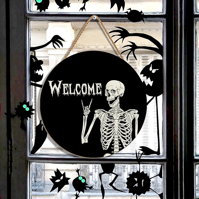 Halloween Decorations Wreath Halloween Skull Welcome Door Sign Front for Door Decoration, Rustic Wooden Holiday Decor for Front Door Porch Window Wall Farmhouse Indoor Outdoor
