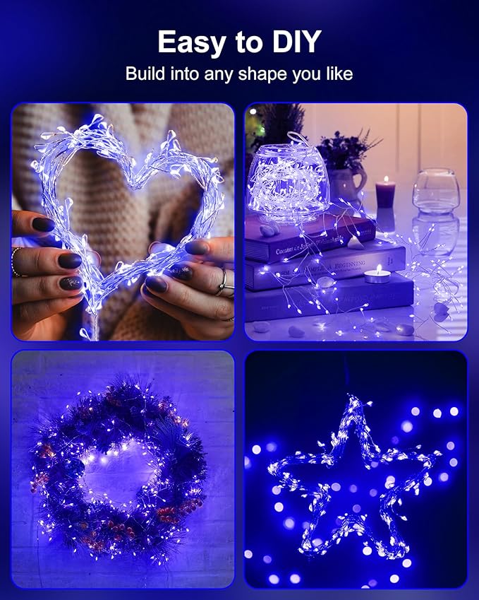 Fairy Lights Battery Operated, Twinkle String Lights Waterproof Silver Wire 5 Feet 60 Led Firecracker Starry Lights for DIY Wreath Home Wedding Party Bedroom Mason Jar Holiday Christmas, Blue